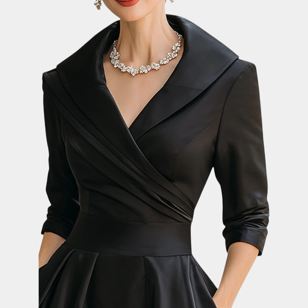 Shawl Collar Surplice Three Quarter Sleeve Fit and Flare Satin Midi Dress 8