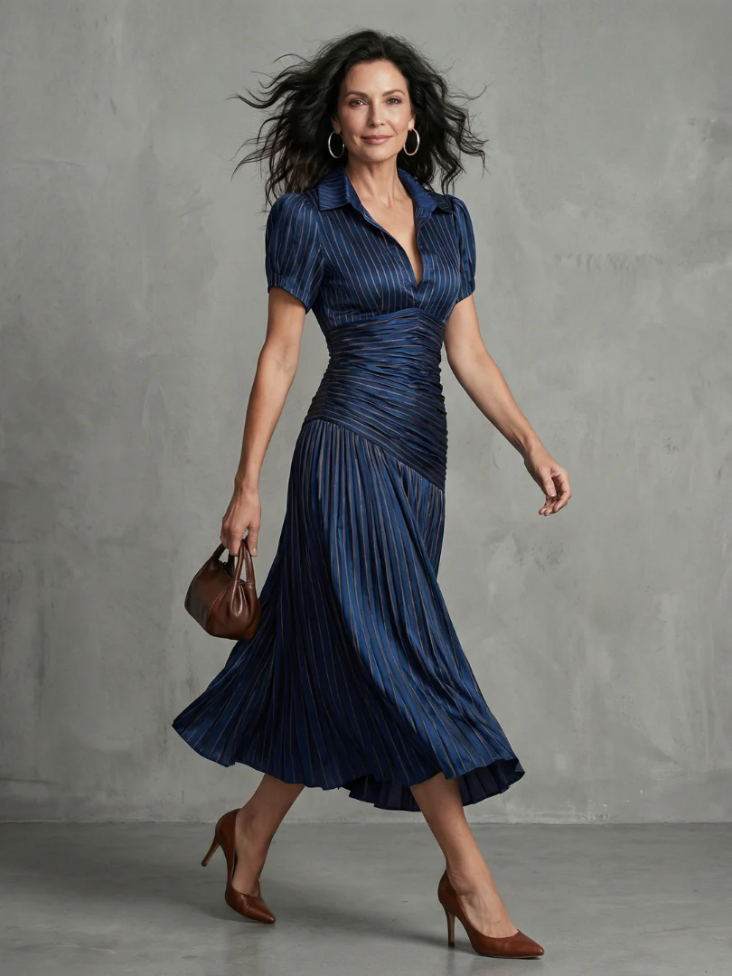 Collared Short Sleeve Pleated Ruched Midi Dress 5