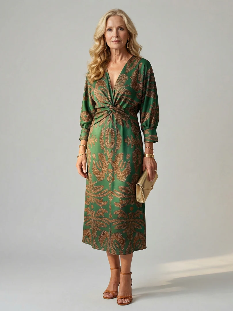 Twist Front V-Neck Long Sleeve Print Midi Dress 2
