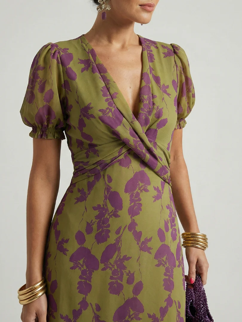 Floral V-Neck Puff Sleeve Wrap Midi Dress 3