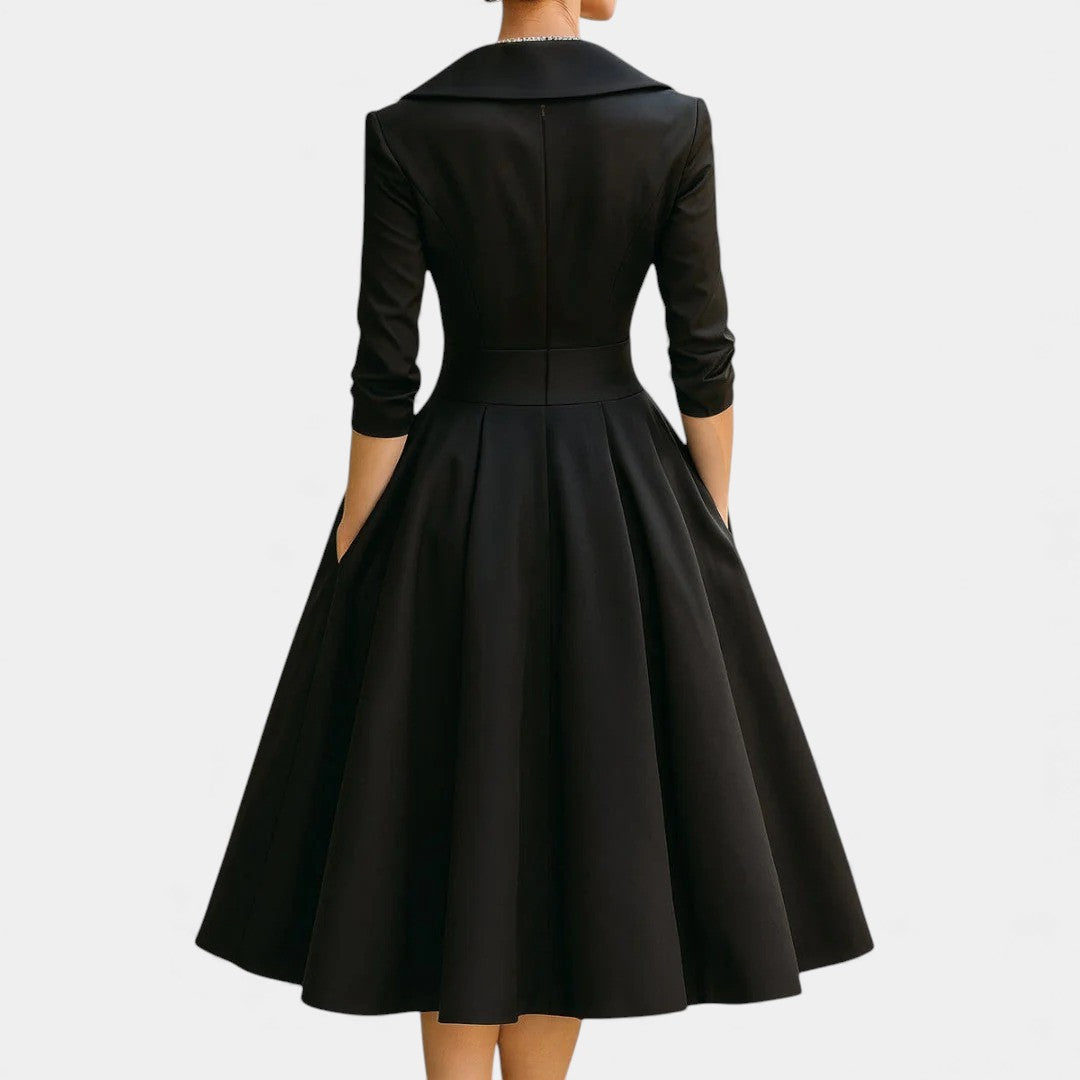 Shawl Collar Surplice Three Quarter Sleeve Fit and Flare Satin Midi Dress 7