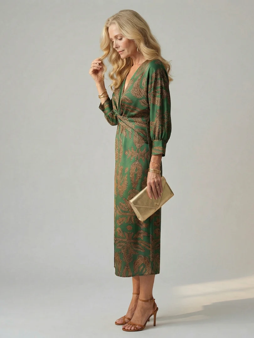 Twist Front V-Neck Long Sleeve Print Midi Dress 3