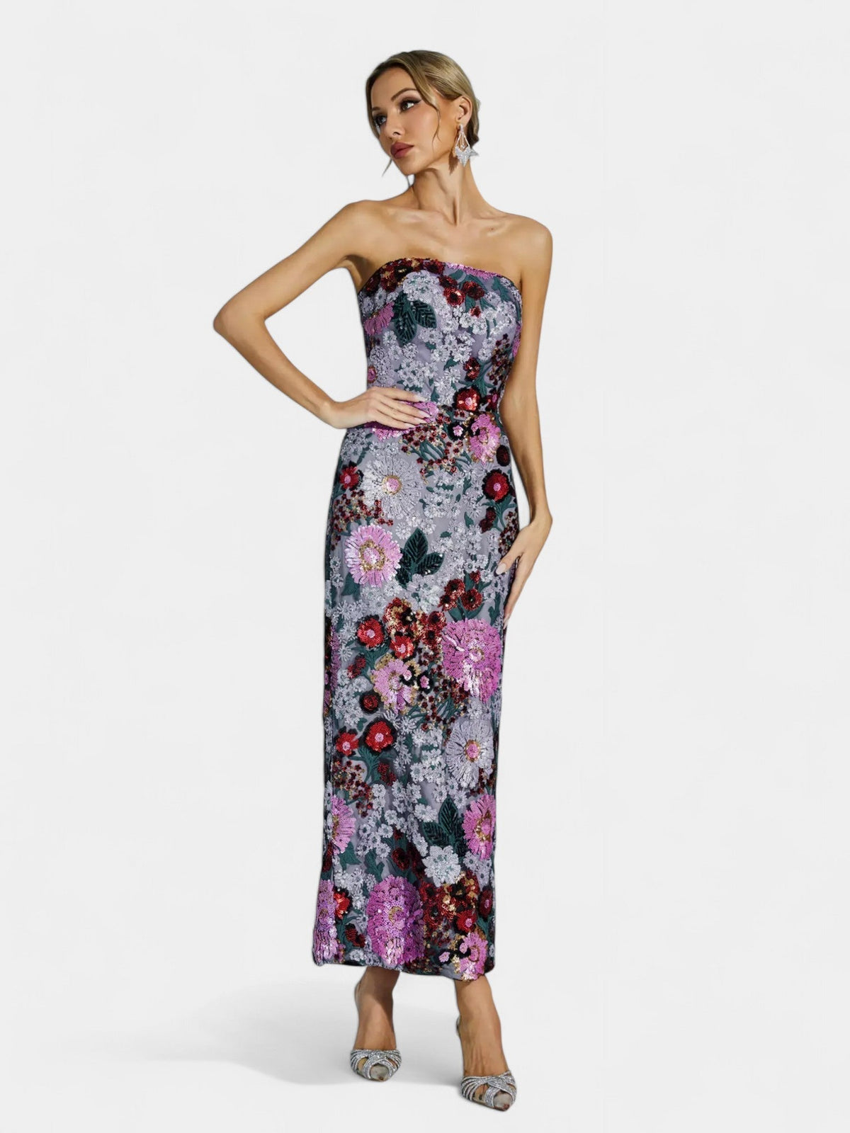 Strapless Floral Sequin Bodycon Midi Dress 8