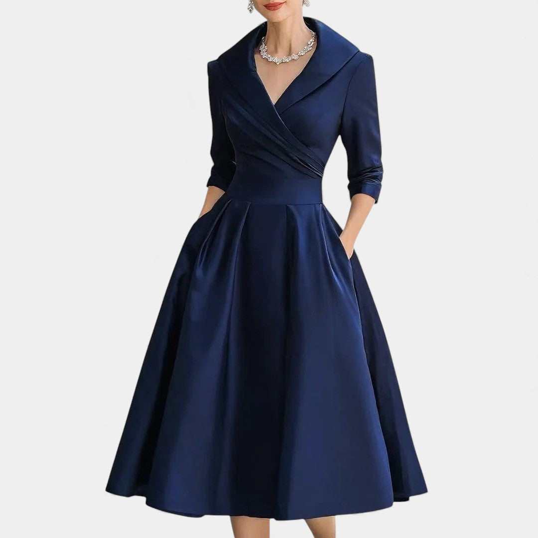 Shawl Collar Surplice Three Quarter Sleeve Fit and Flare Satin Midi Dress