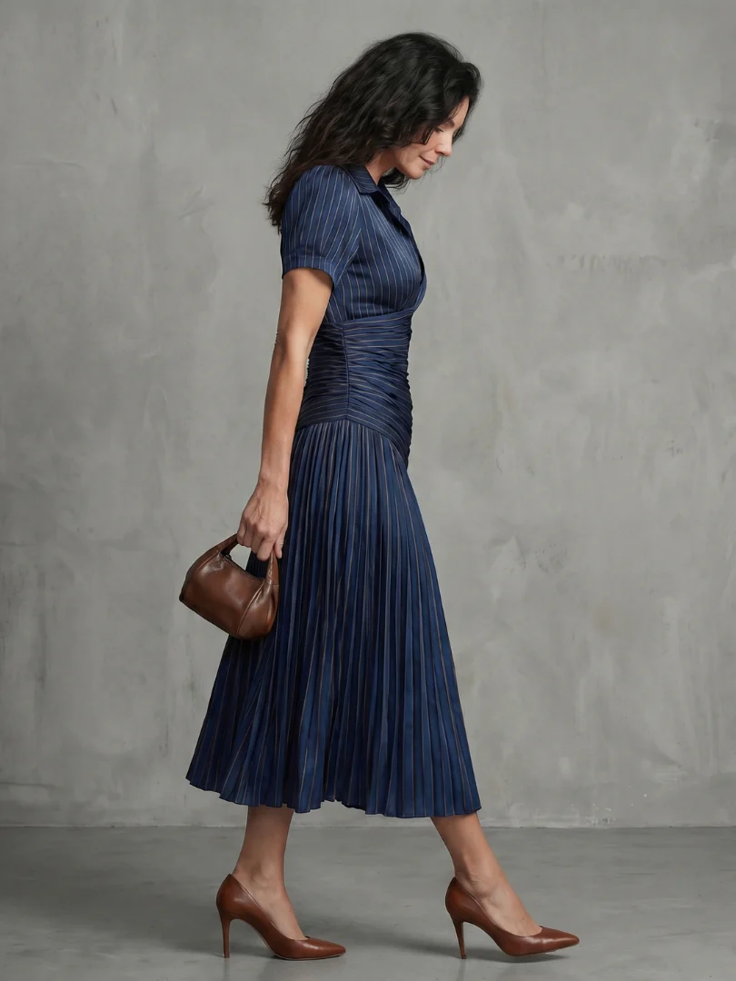 Collared Short Sleeve Pleated Ruched Midi Dress 6