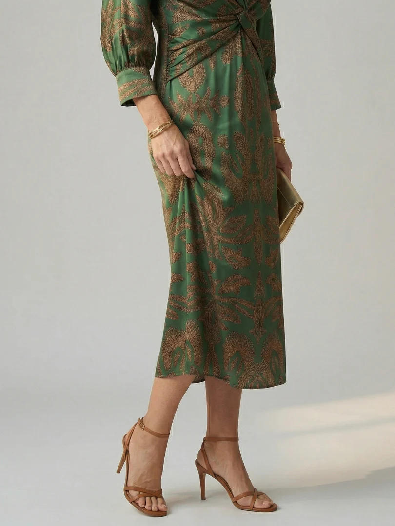 Twist Front V-Neck Long Sleeve Print Midi Dress 5