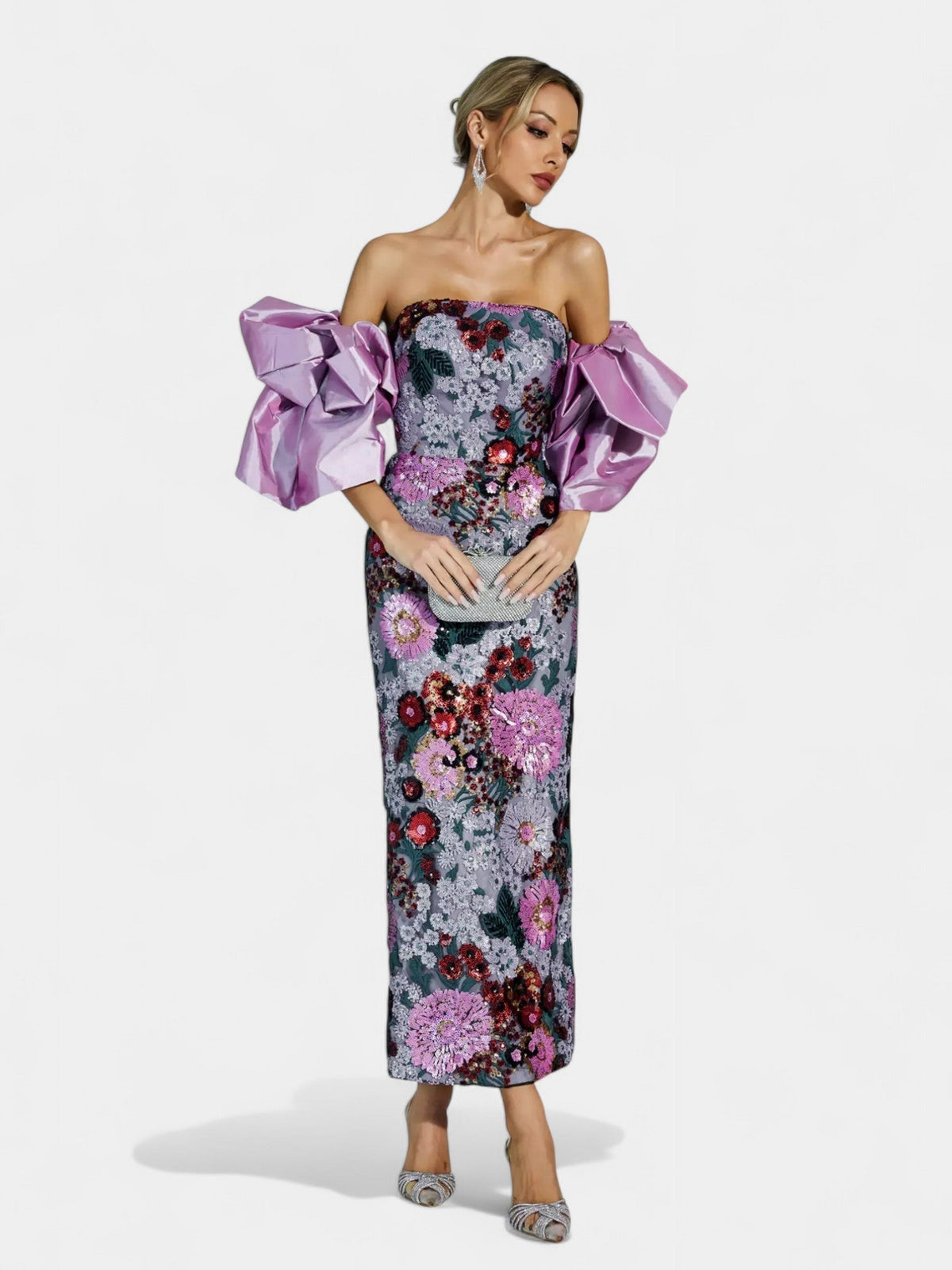 Strapless Floral Sequin Bodycon Midi Dress 4