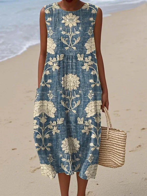 Damask Floral Print Crew Neck Sleeveless Pocket Midi Dress