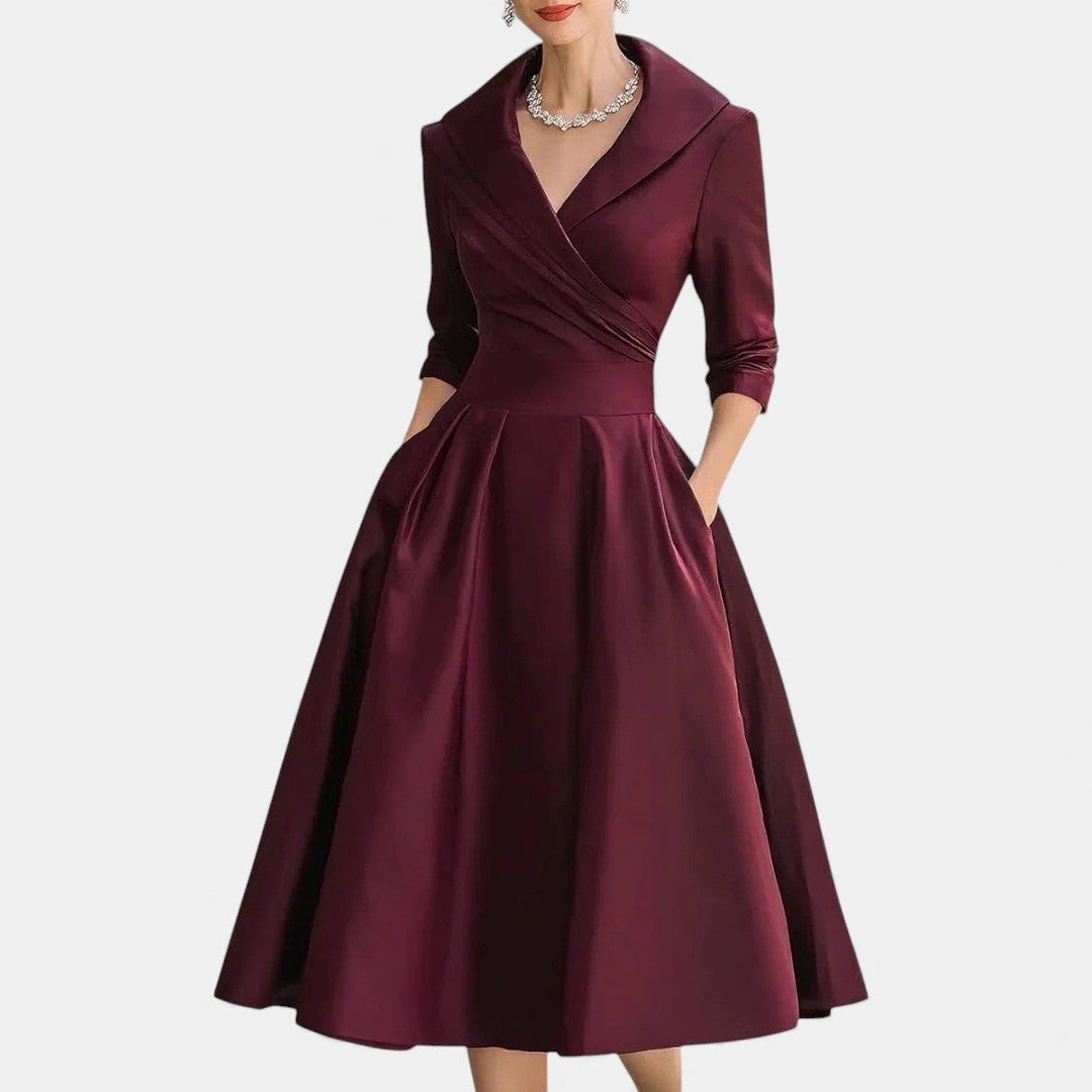 Shawl Collar Surplice Three Quarter Sleeve Fit and Flare Satin Midi Dress 4