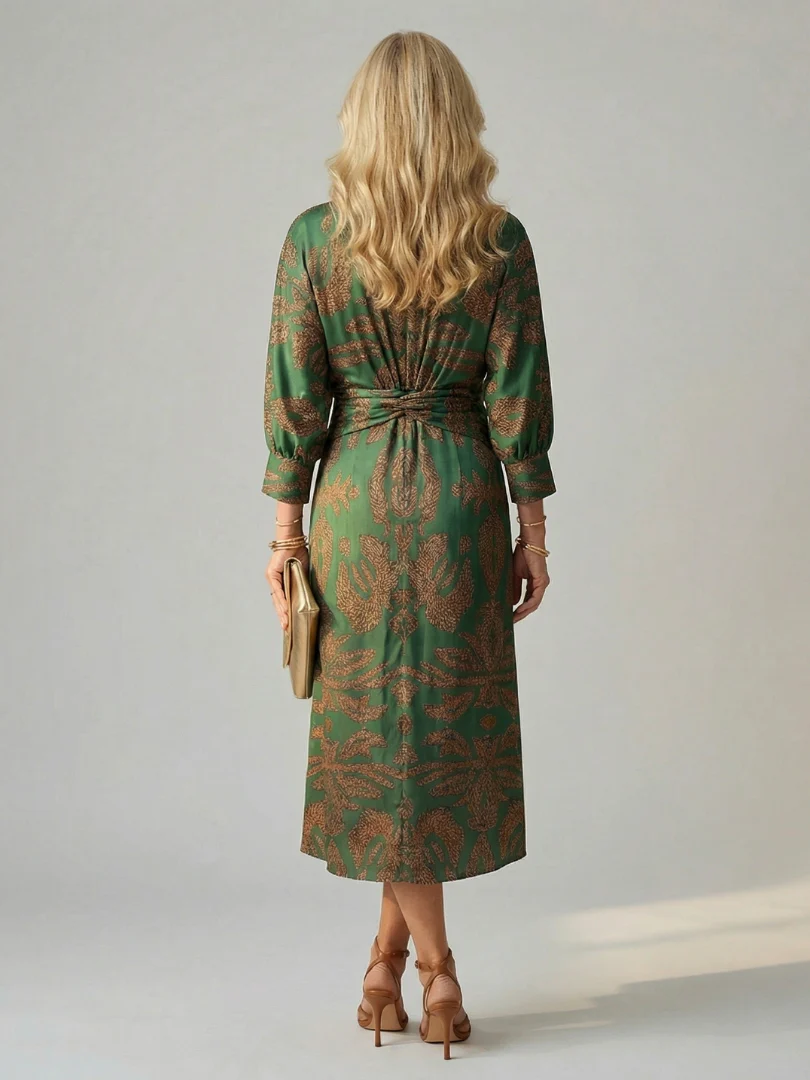 Twist Front V-Neck Long Sleeve Print Midi Dress 4