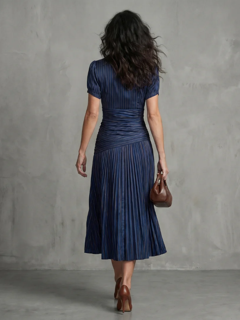 Collared Short Sleeve Pleated Ruched Midi Dress 7