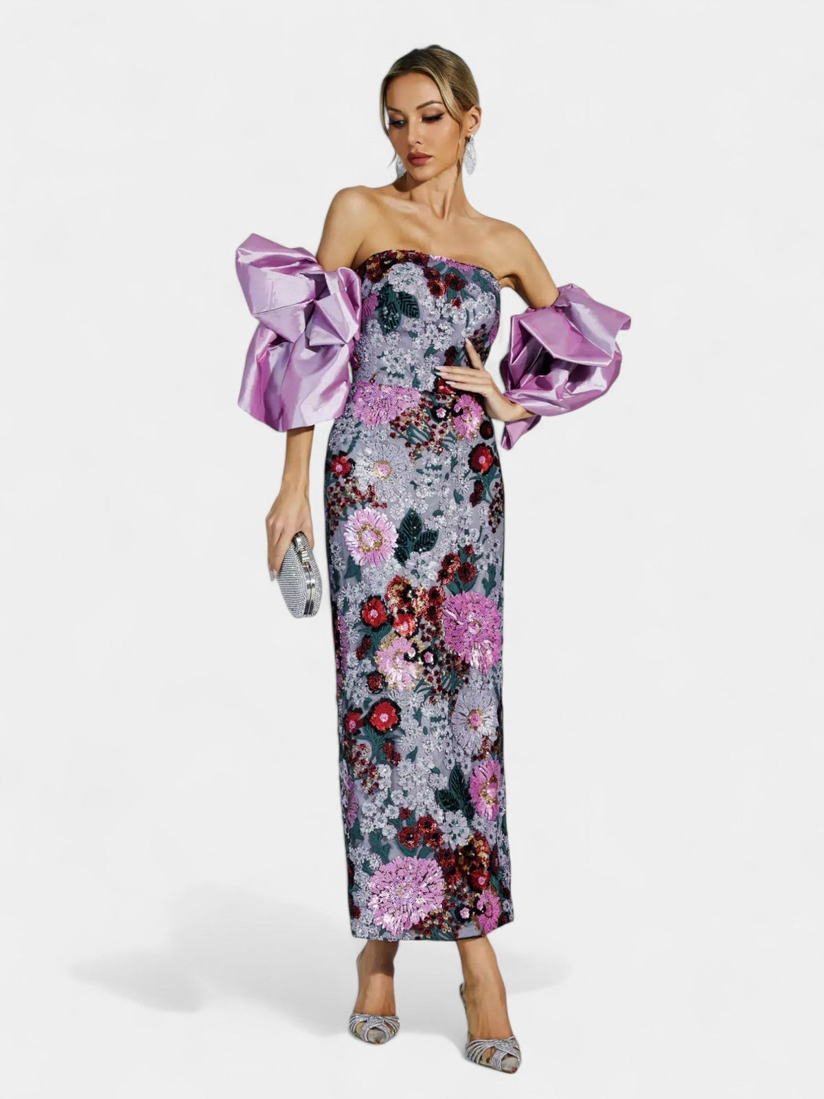 Strapless Floral Sequin Bodycon Midi Dress 6