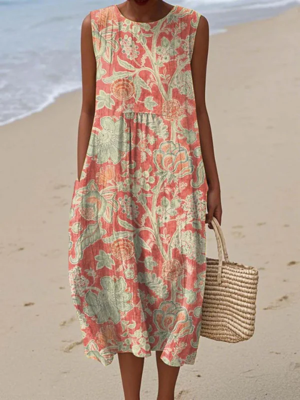 Paisley Floral Print Crew Neck Sleeveless Midi Dress