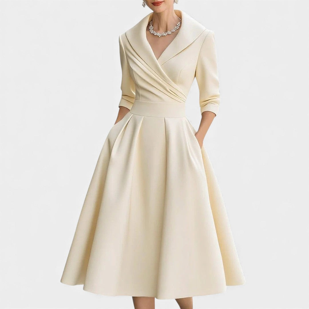 Shawl Collar Surplice Three Quarter Sleeve Fit and Flare Satin Midi Dress 5