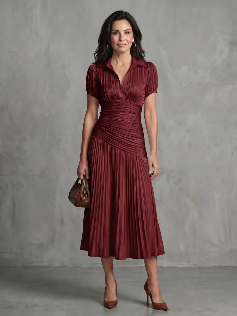 Collared Short Sleeve Pleated Ruched Midi Dress 9