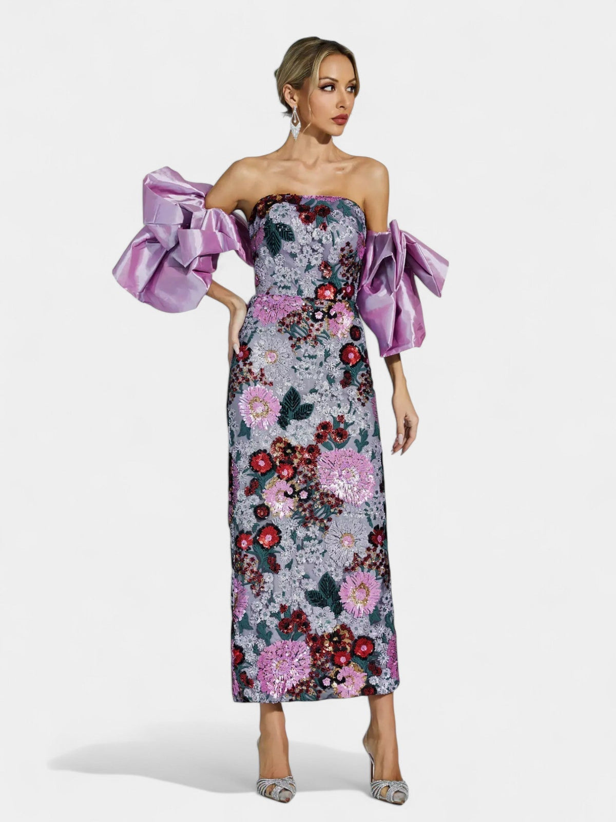 Strapless Floral Sequin Bodycon Midi Dress 5