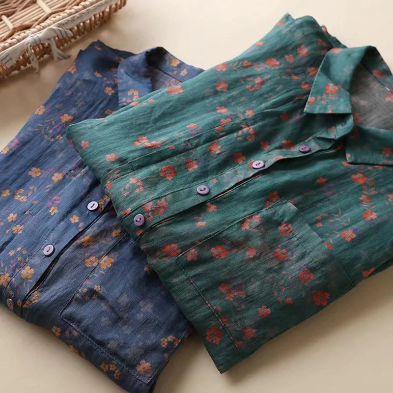 Floral Collared Short Sleeve Half Placket Blouse 3