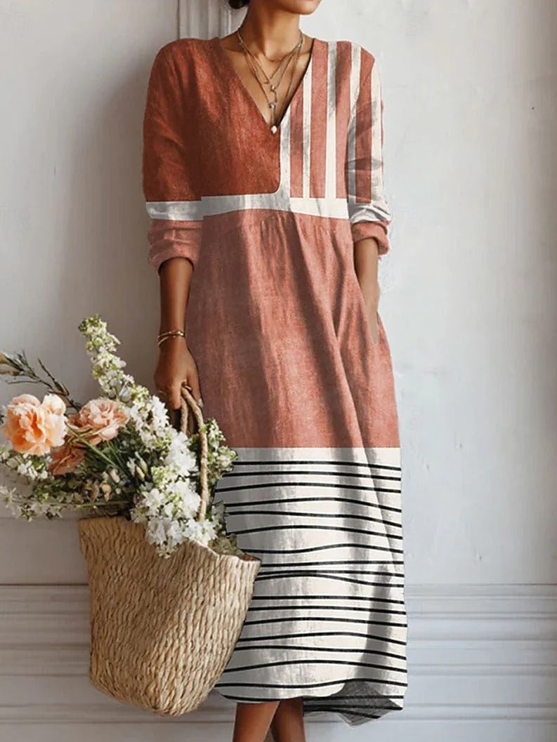 Colorblock Striped V-Neck Long Sleeve Midi Dress