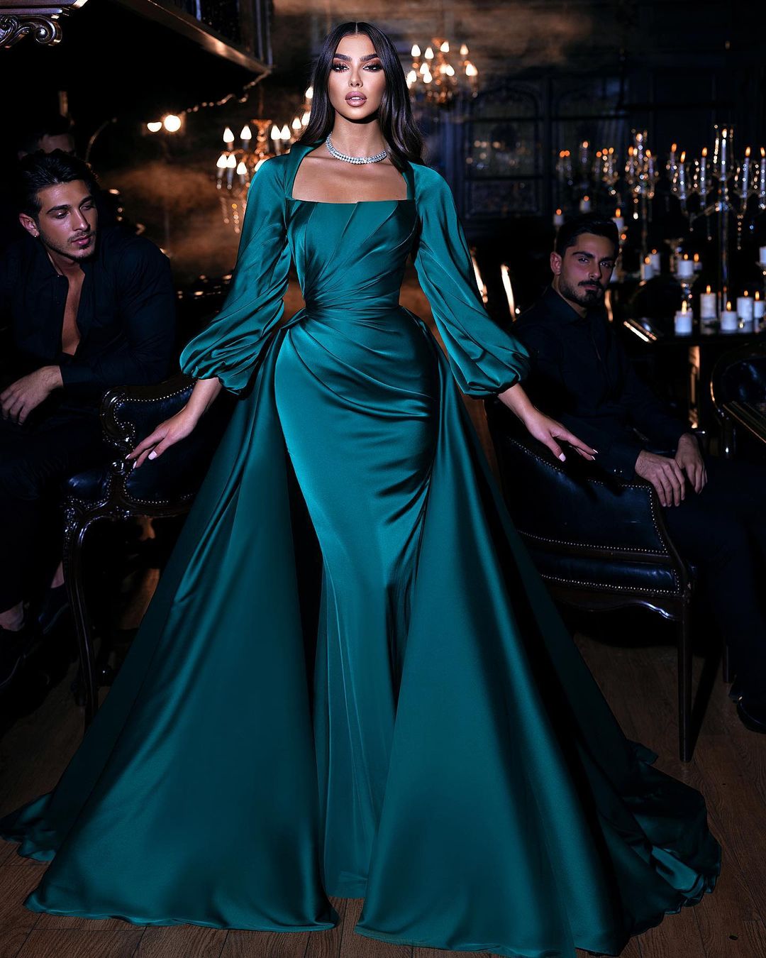 Ink Blue Long Sleeves Prom Dress Mermaid Overskirt - Fashionpara