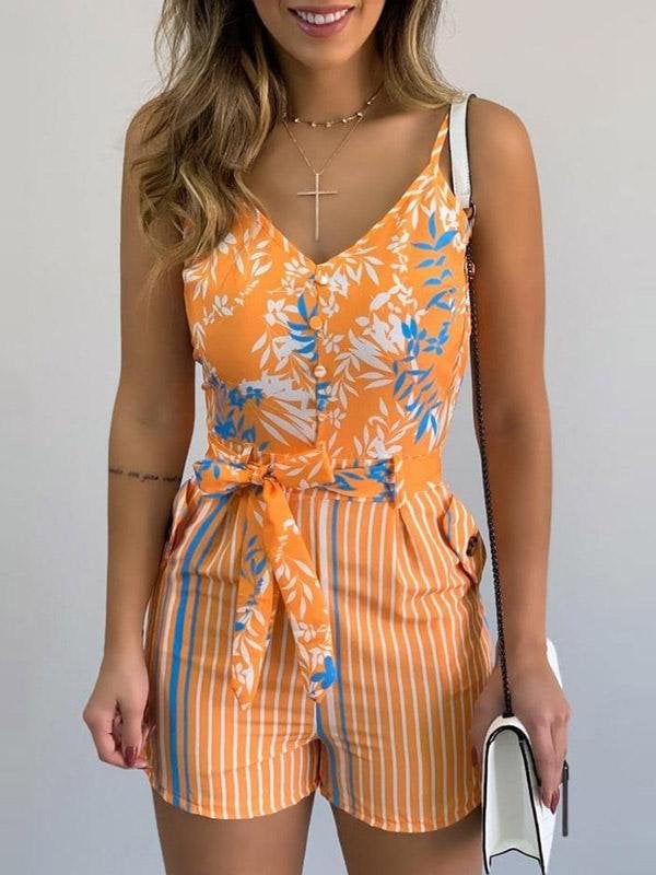 V-Neck Sling Leaf Print Lace-Up Jumpsuit