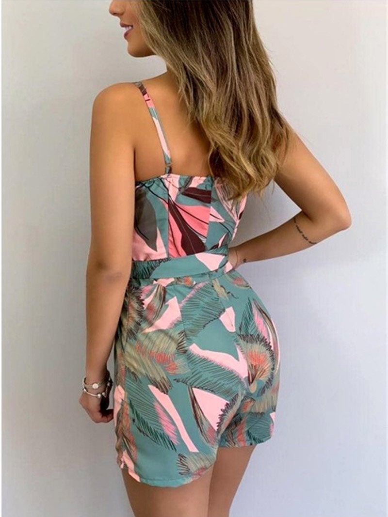 V-Neck Sling Leaf Print Lace-Up Jumpsuit