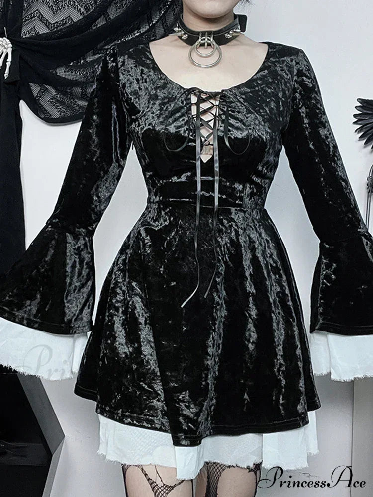 InsGoth Gothic Lace Up Velvet Queen Renaissance Medieval Witch Vintage Cosplay Party Dress