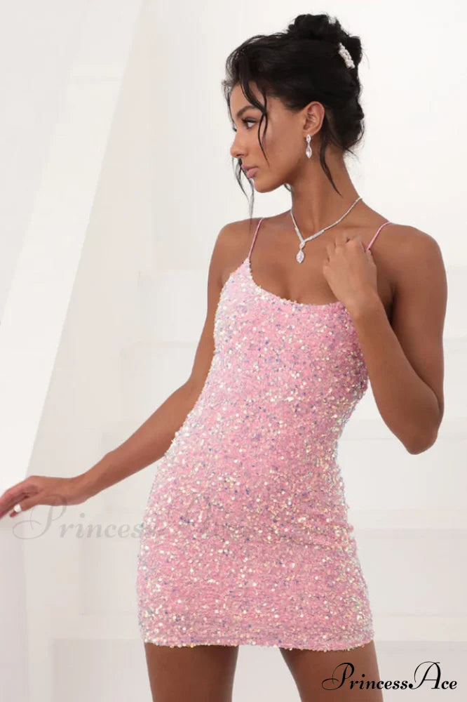 Iridescent Sequin Scoop Neck Spaghetti Strap Bodycon Mini Dress