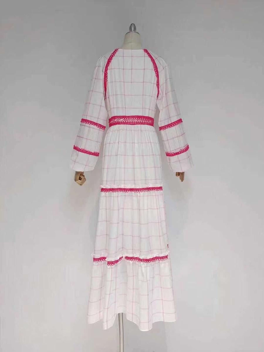 Check Print V-Neck Long Sleeve Tiered Maxi Dress
