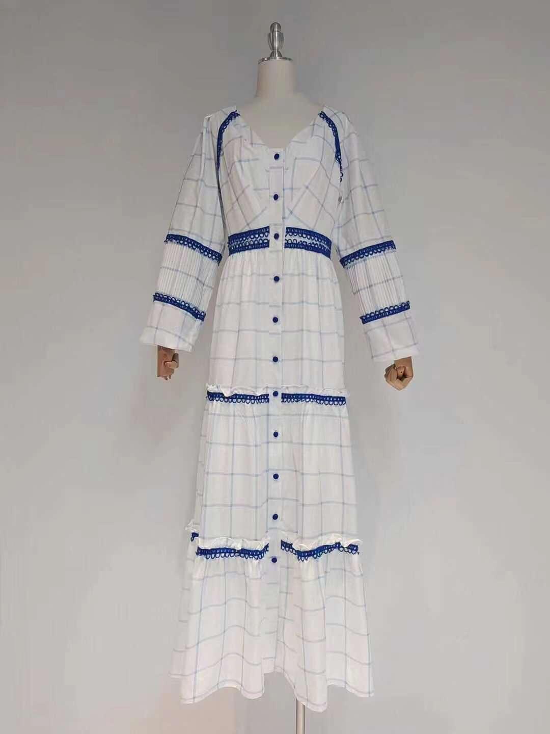 Check Print V-Neck Long Sleeve Tiered Maxi Dress