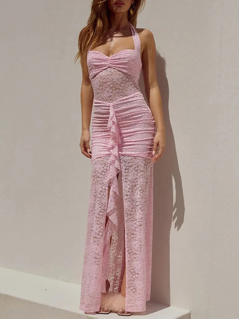 Lace Halter Neck Ruched Ruffle High Split Maxi Dress in Pink