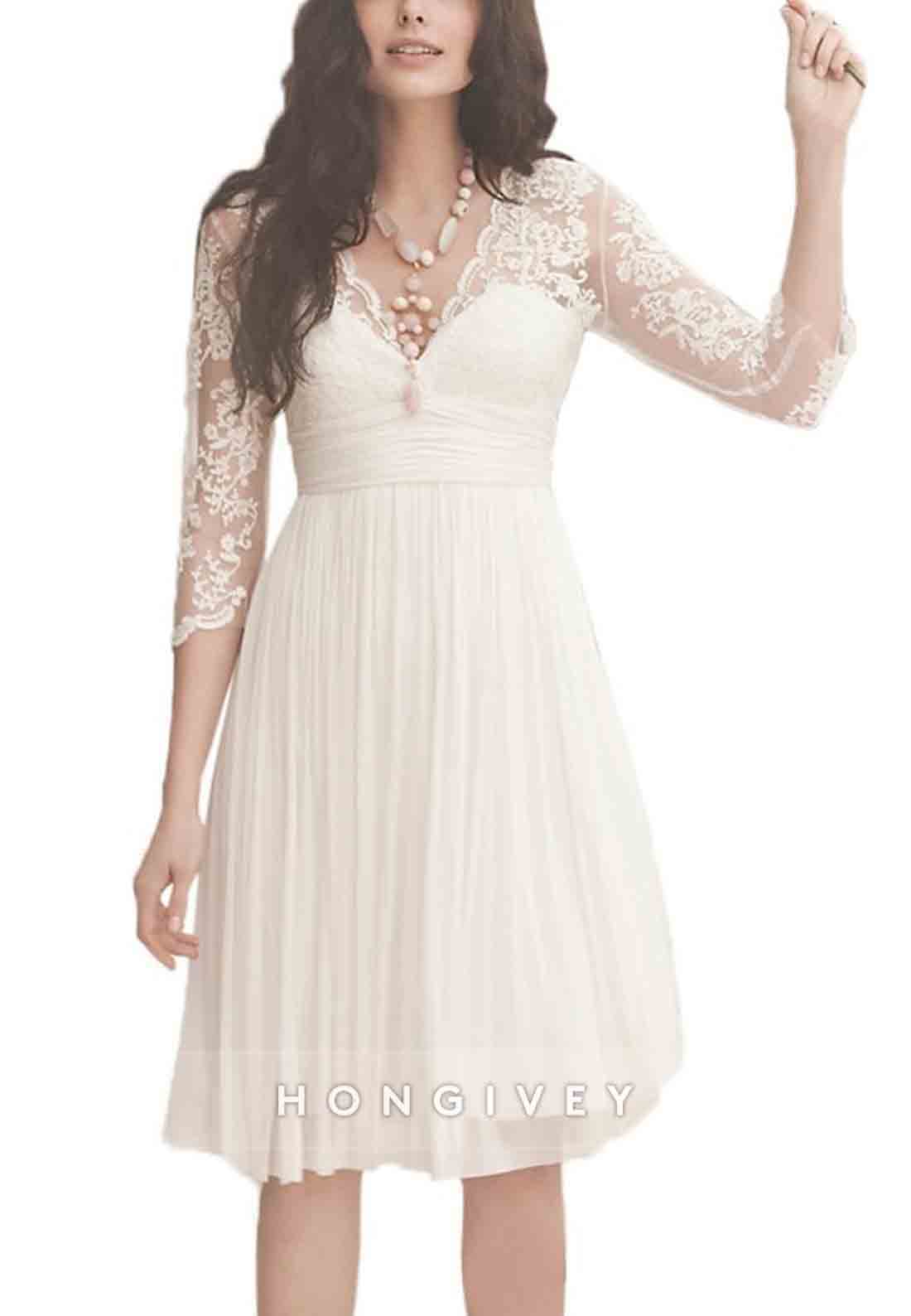 Scalloped Neck Knee Length Beach A-Line Lace 3/4sleeves Beach Wedding Dresses