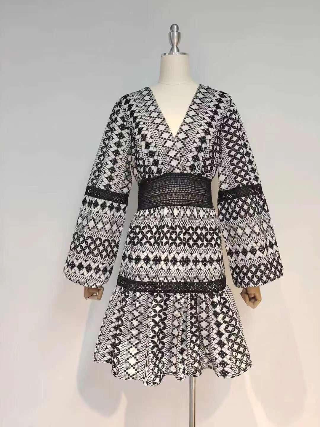 Geo Print V-Neck Long Sleeve Crochet Mini Dress