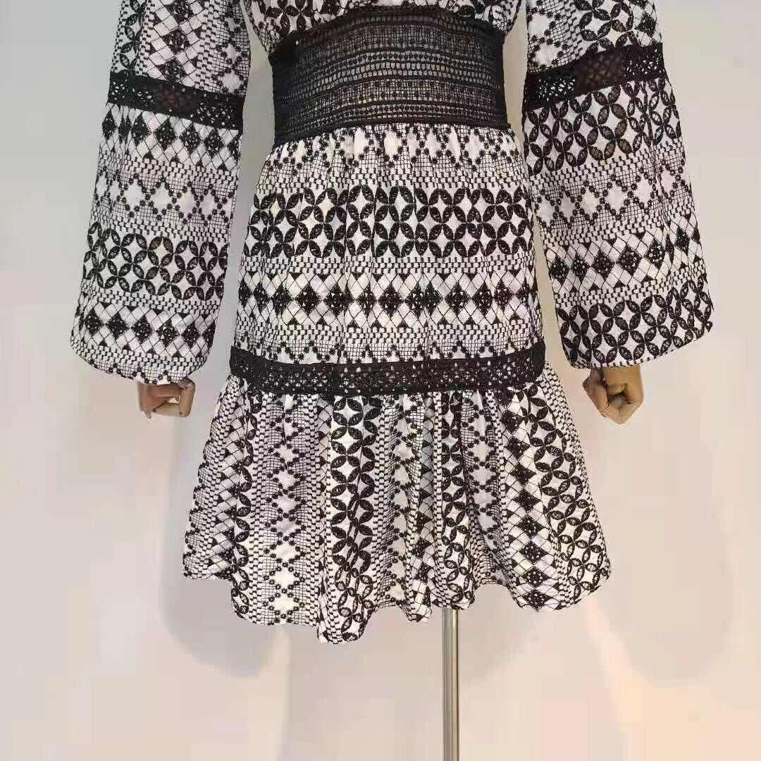 Geo Print V-Neck Long Sleeve Crochet Mini Dress