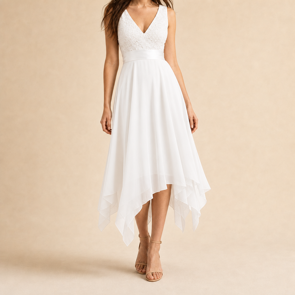 V-Neck Lace Bodice Handkerchief Hem Midi Dress 11