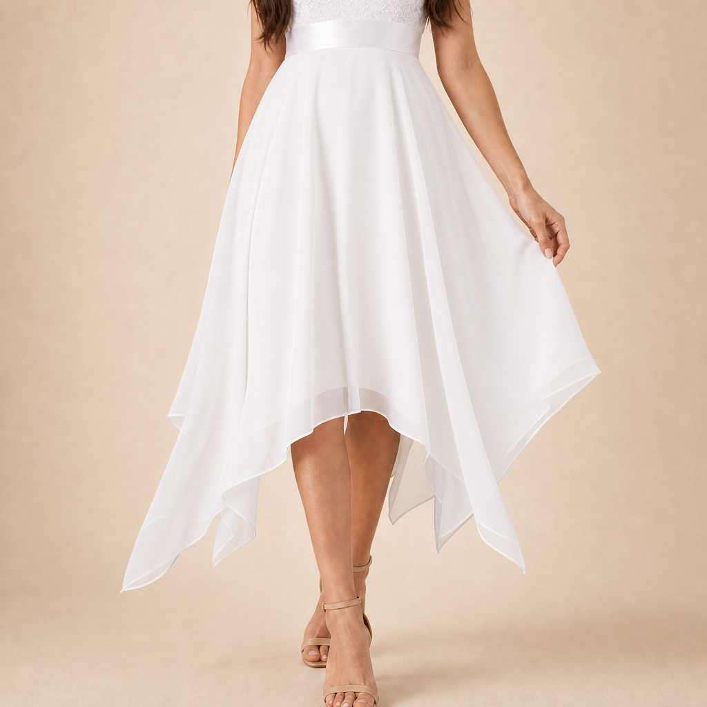 V-Neck Lace Bodice Handkerchief Hem Midi Dress 12