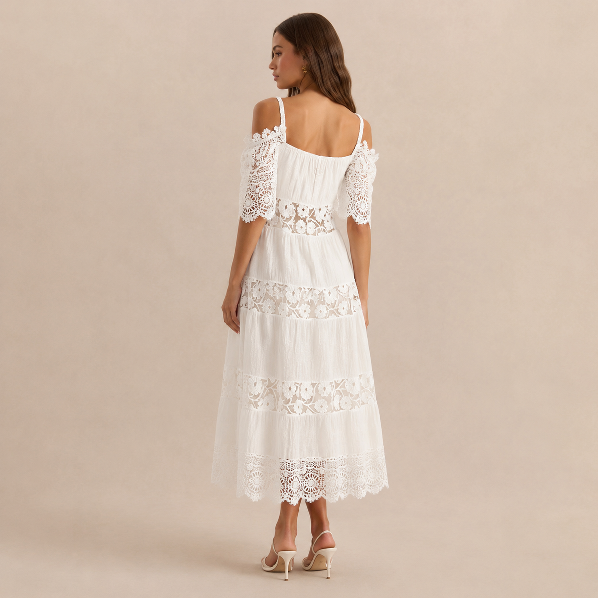 Off Shoulder Crochet Lace Trim Tiered Midi Dress 6