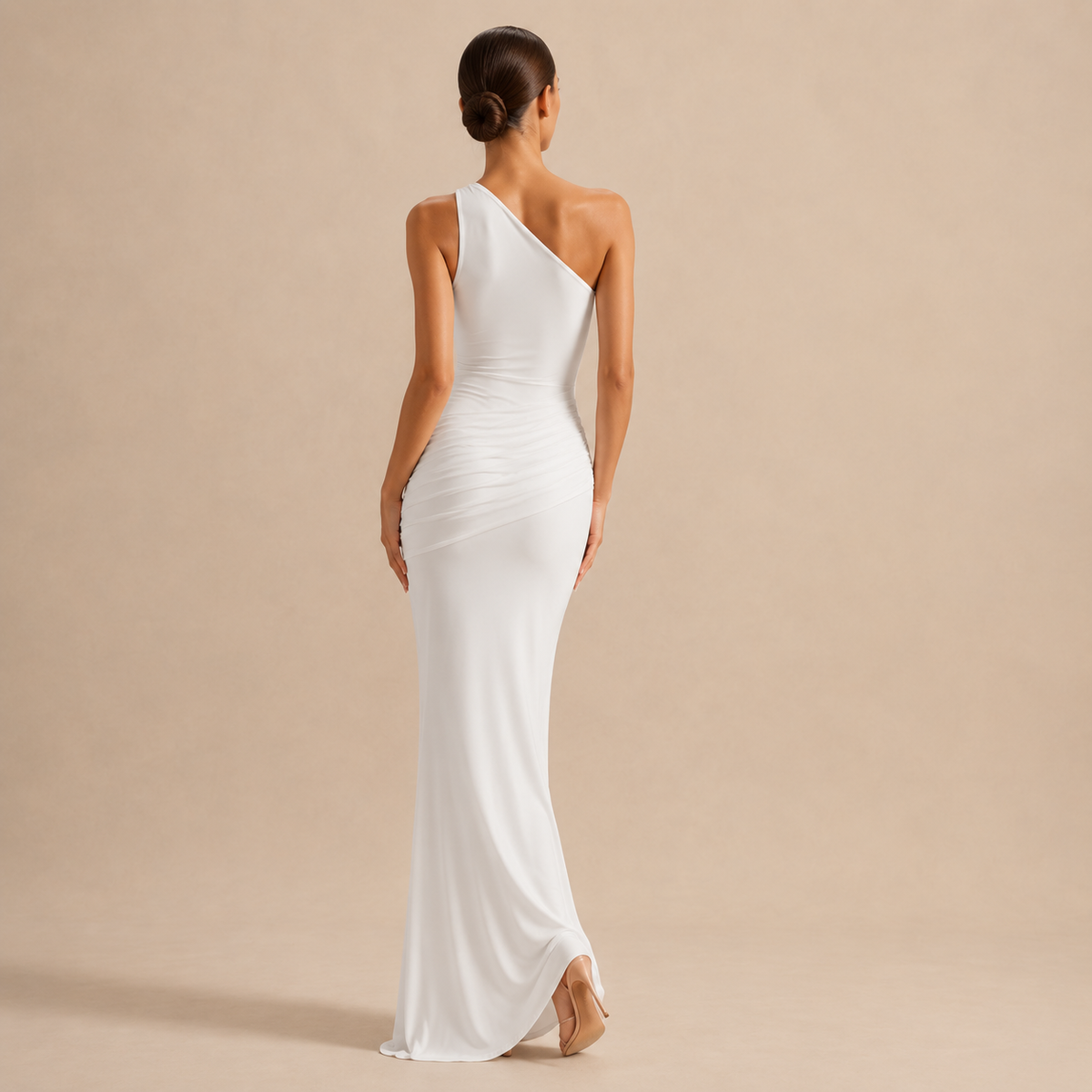 One Shoulder Ruched Satin Fishtail Maxi Gown 6