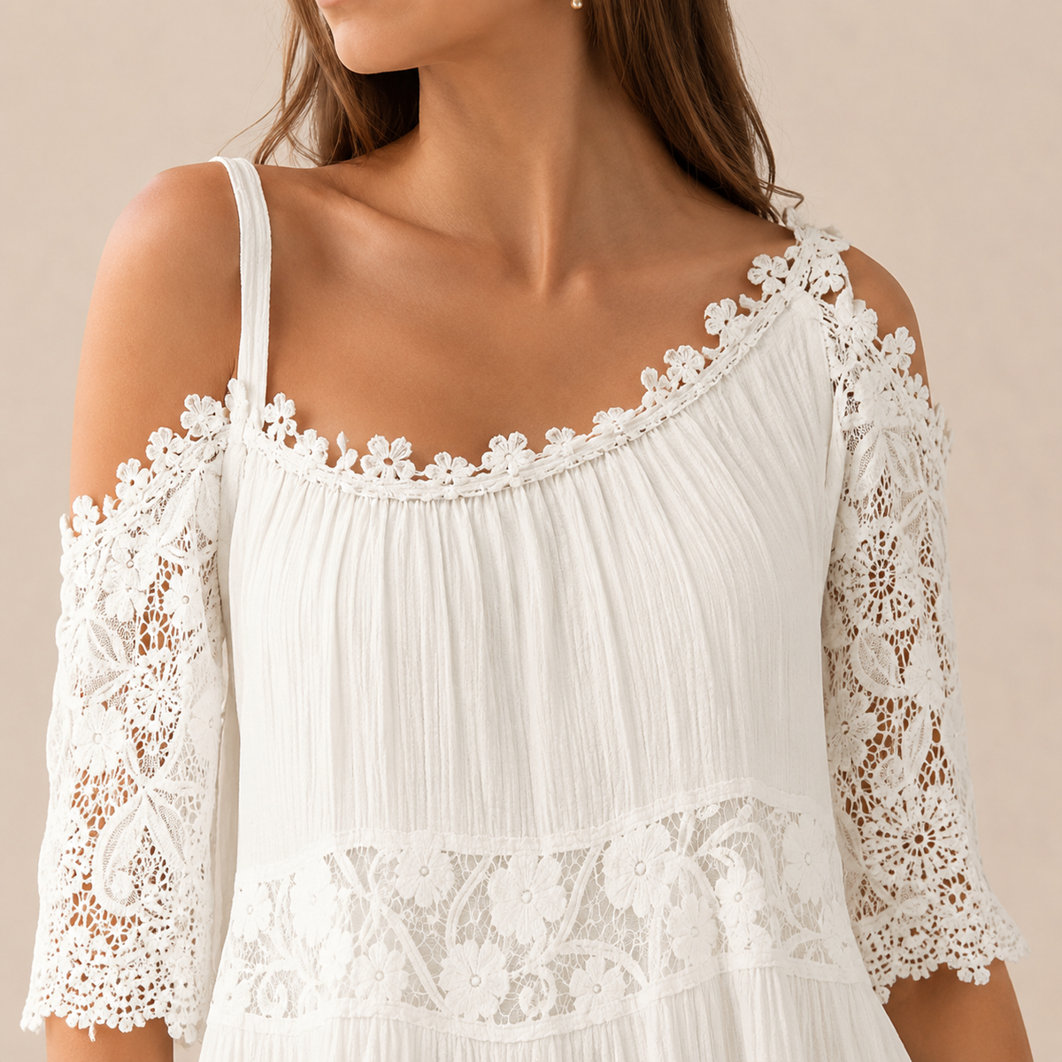 Off Shoulder Crochet Lace Trim Tiered Midi Dress 5