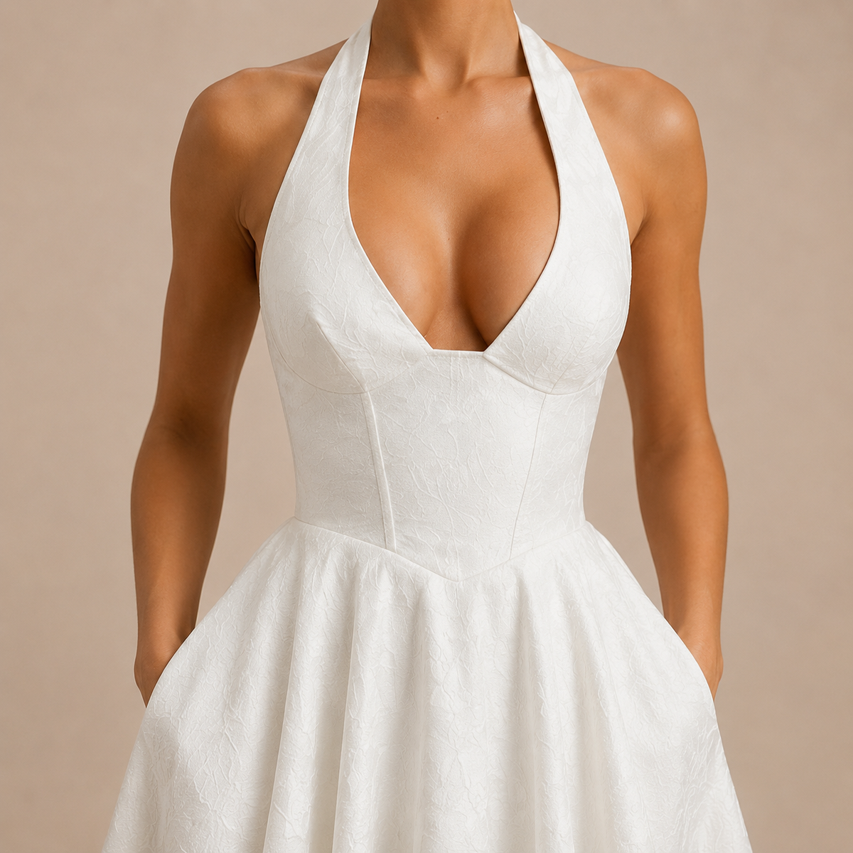 Floral Jacquard Halter Deep V-Neck Fit and Flare Midi Dress 11