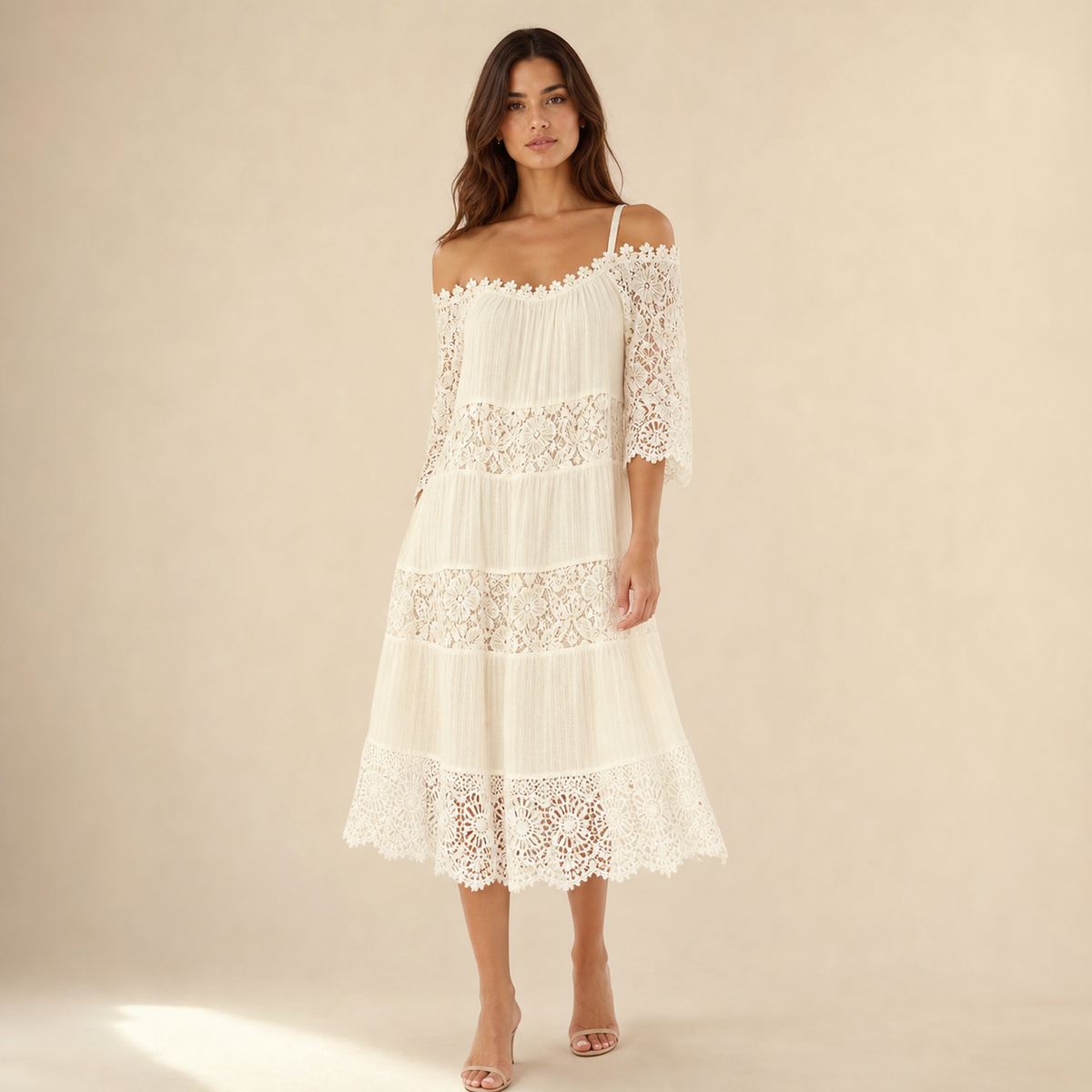 Off Shoulder Crochet Lace Trim Tiered Midi Dress 4