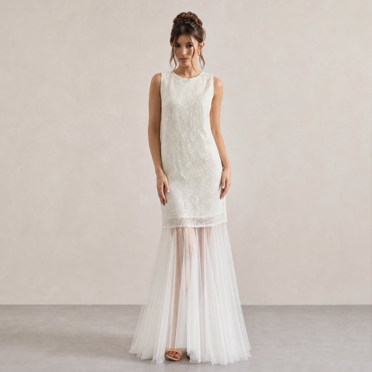 Crew Neck Sleeveless Lace Overlay Sheer Tulle Maxi Dress