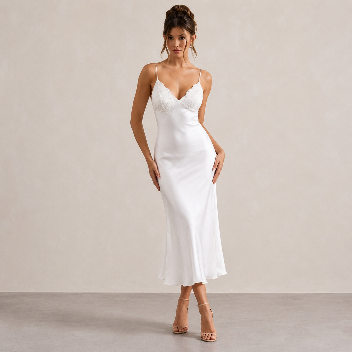 Lace Trim V-Neck Strappy Satin Slip Midi Dress 5