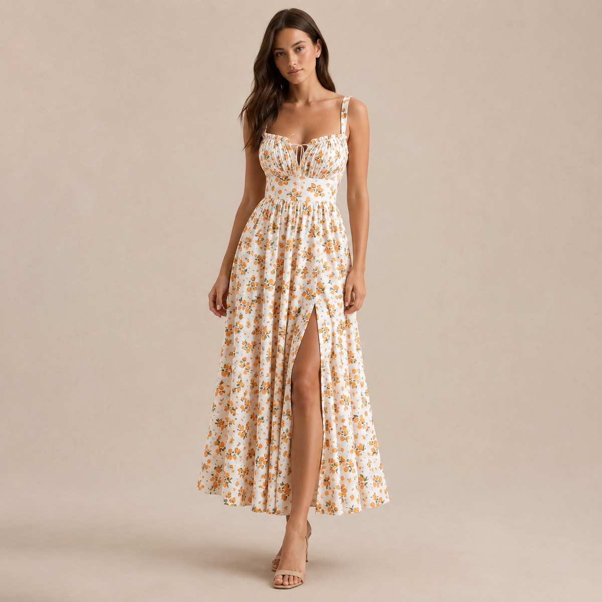 Ditsy Floral Print Ruffle Bust Tie Front A-Line Midi Dress 13
