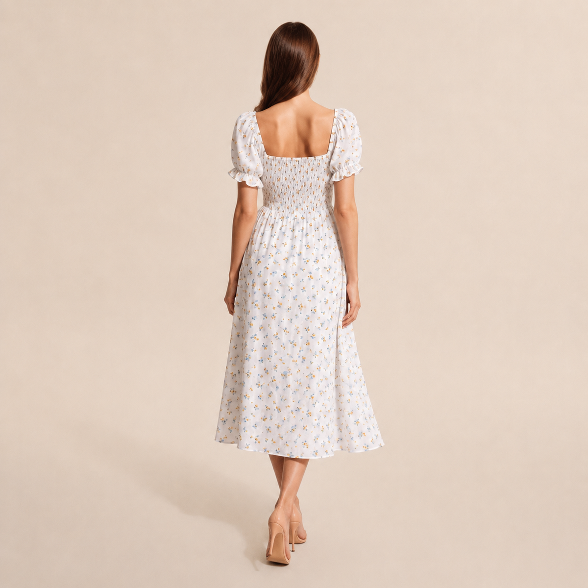 Floral Square Neck Puff Sleeve Smocked High Split Midi Dress 7