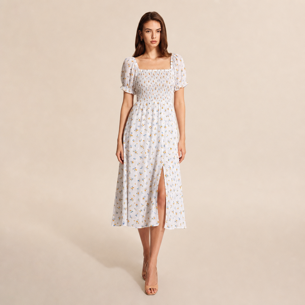 Floral Square Neck Puff Sleeve Smocked High Split Midi Dress 5