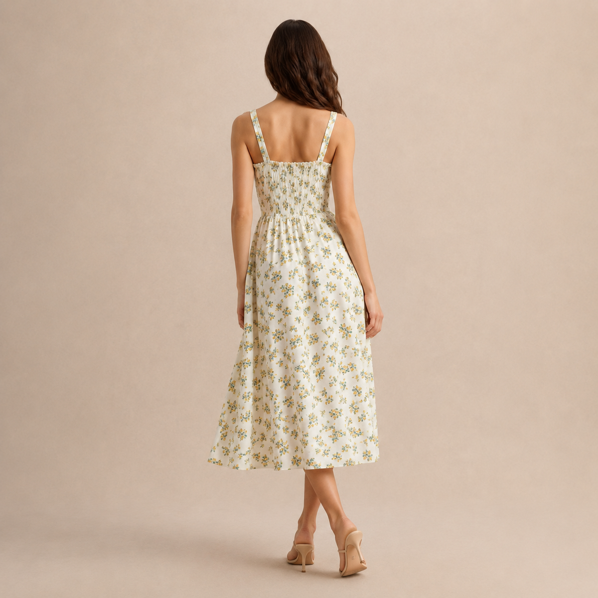 Ditsy Floral Print Ruffle Bust Tie Front A-Line Midi Dress 6