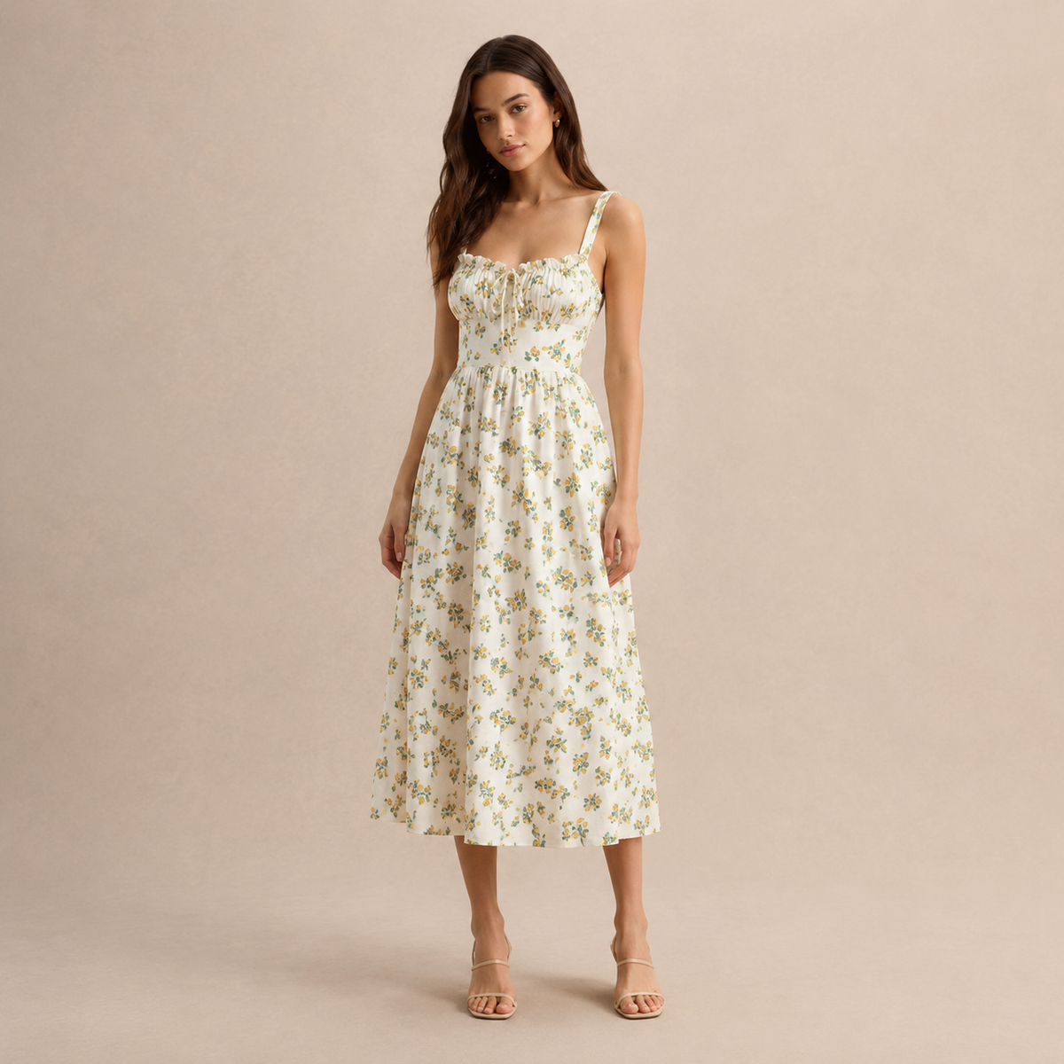 Ditsy Floral Print Ruffle Bust Tie Front A-Line Midi Dress 4