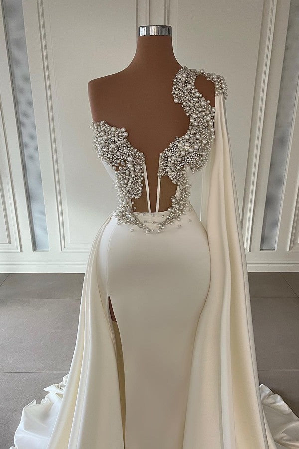 Ivory Ruffle Prom Dress Mermaid With Beadings - Fashionpara