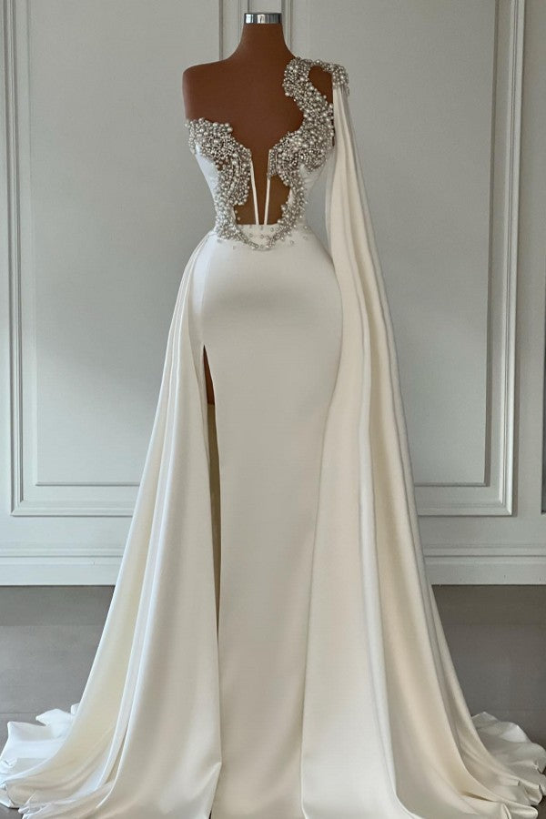 Ivory Ruffle Prom Dress Mermaid With Beadings - Fashionpara