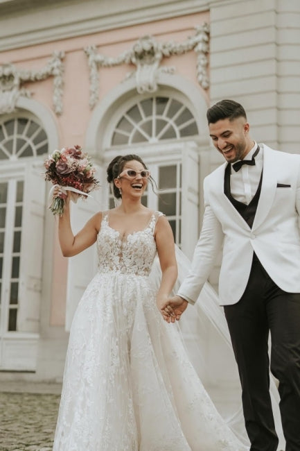 Ivory Sleeveless Straps A-Line Wedding Dress with Flowing Chapel Train - Fashionpara